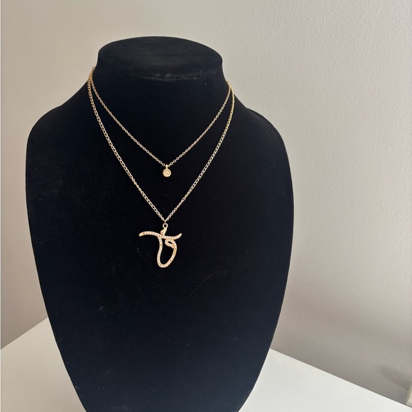 Gold Double-Layer Pendant Necklace with Script Charm - Picture 3 of 7